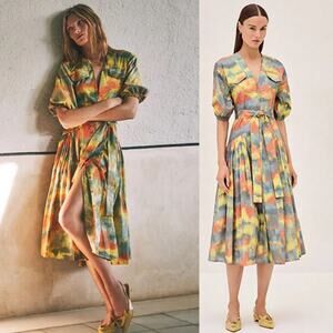 NWT Alexis V-Neck Button Front Belted Oasis Midi Dress Tie Dye Size: Medium